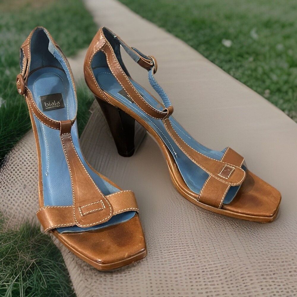 Biala Made in Italy Sz 9 Martella-Lea Heels Brown Buckle Ankle BOHO Blue Sole